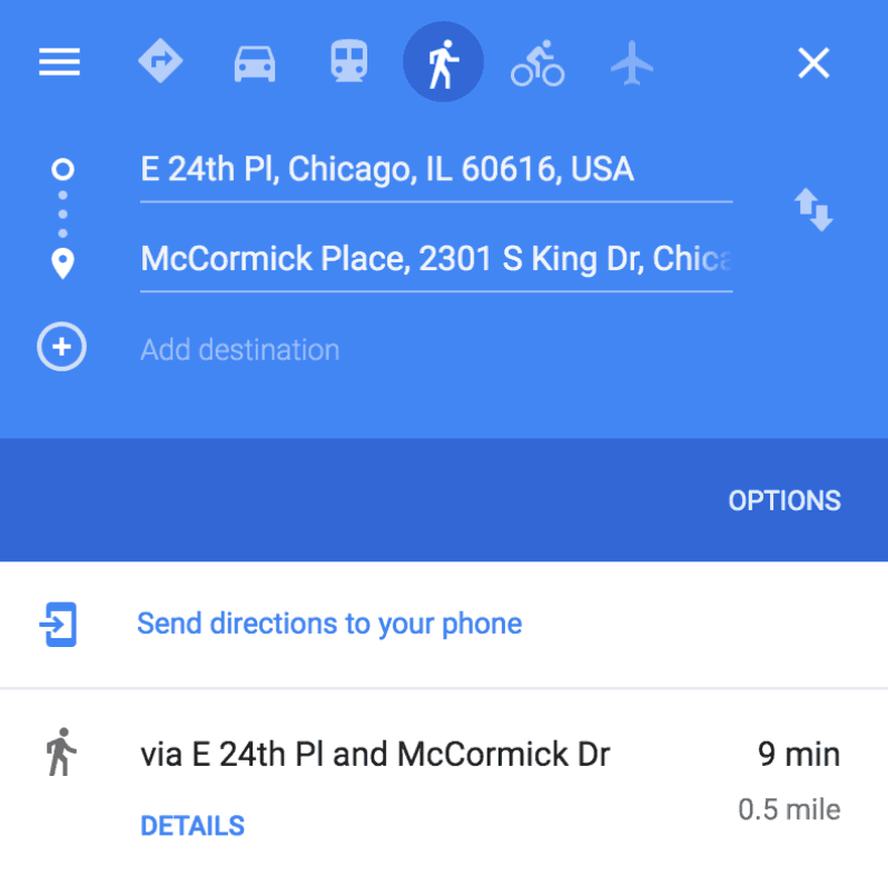 Google map showing directions